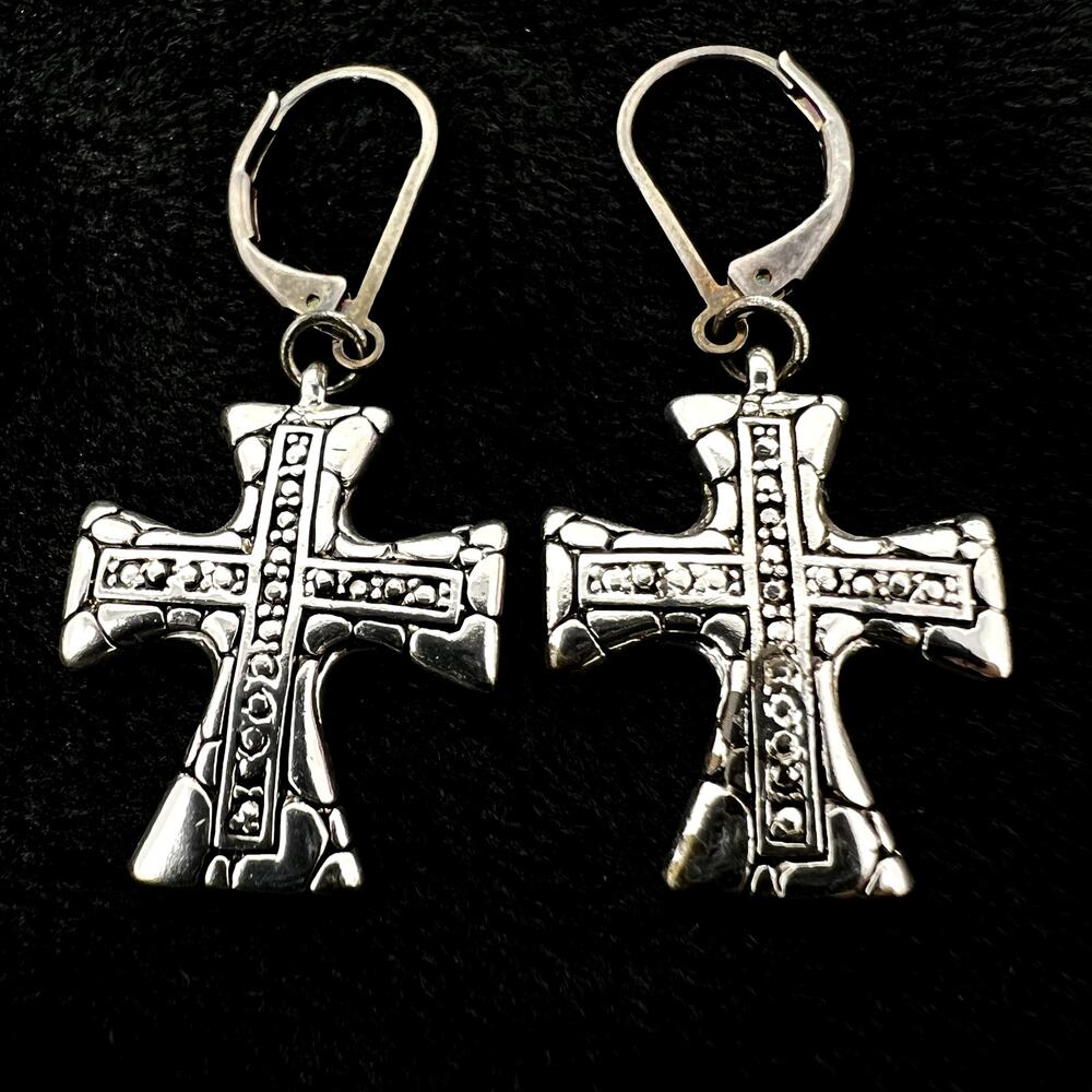 Vintage Women Silver Jewelry Antique Greek Gothic Cross Dangle Earrings